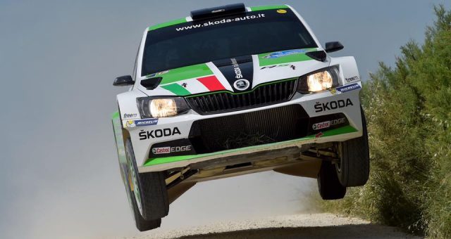 UMBERTO SCANDOLA AND GUIDO D’AMORE, ŠKODA FABIA R5, END DAY ONE OF THE 23RD RALLY ADRIATICO ON TOP